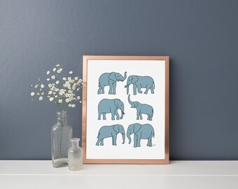 Elephants Art Print, Elephants Wall Art, Line Art Elephants Print, Nursery Animal Art, Elephant Decor, Home Decor, PHYSICAL ART PRINT