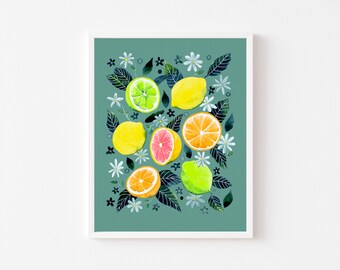 Citrus Print, Watercolor Fruit Wall Art, Tropical Fruit Art Print, Home Decor, PHYSICAL ART PRINT