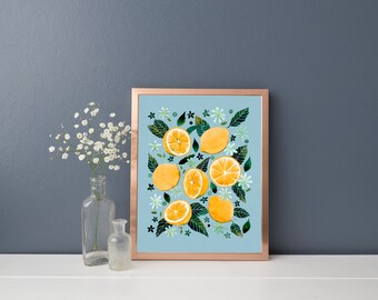 Watercolor Oranges Art Print, Tropical Citrus Home Decor