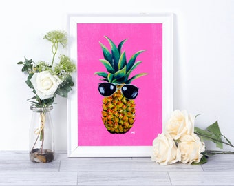 Pineapple Print, Pineapple With Sunglasses, Fruit Wall Art, Tropical Pineapple Printable Art, Home Decor, Digital Download, Choose Size