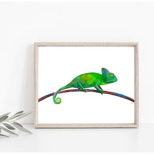 Green Chameleon Art Print, Baby Chameleon Wall Art, Watercolor Chameleon, Lizard Art, Home Decor, Digital Download, Choose Size