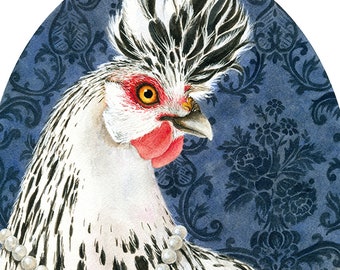 Appenzeller Spitzhauben Chicken Giclée print of watercolor painting (fancy chicken, cameo, whimsical animal illustration, pet portrait)