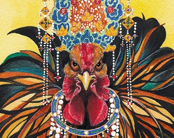 Cochin Chicken Giclée print of watercolor painting (fancy chicken, whimsical animal illustration, pet portrait, Chinese royalty, rooster)