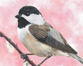 Black-capped Chickadee Giclée print of watercolor painting (nature decor, nursery art, wall art,bird lover gift,woodland art, backyard bird)