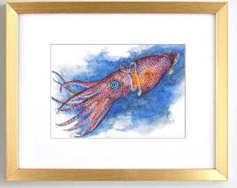 Squid  Giclée print of watercolor painting (cephalopod, marine art, sea creature, marine art, tentacle art, ocean art, underwater, sea life)