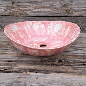 Lavabo de baño artesanal - Lavabo de cerámica - Rosa Macula - Diseño con estampado gráfico rosa y blanco, decoración moderna para interiores de baños
