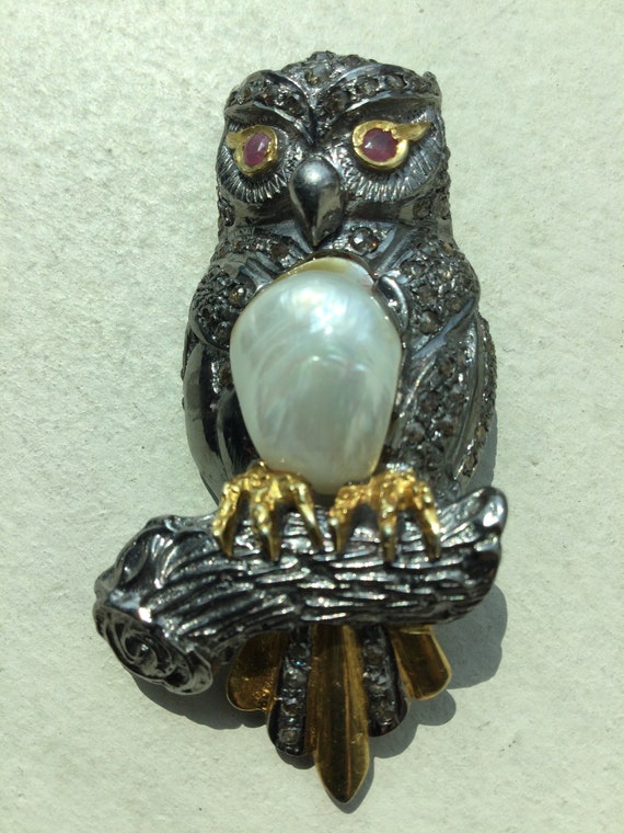 Antique Silver Gilt Owl Brooch Set With Seventy N… - image 7