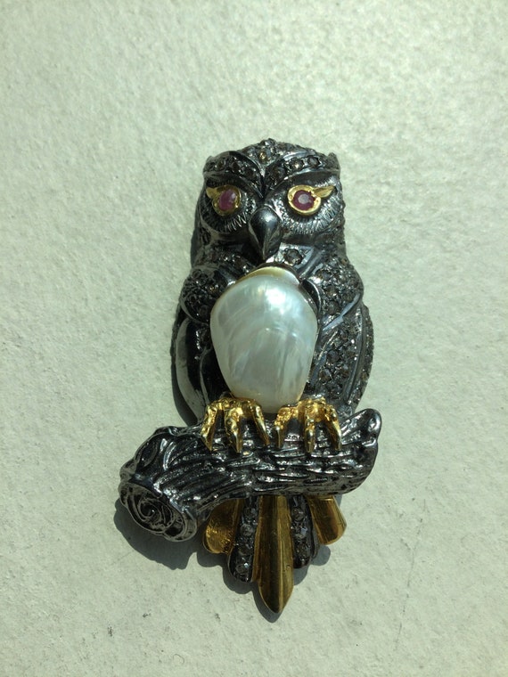 Antique Silver Gilt Owl Brooch Set With Seventy N… - image 1
