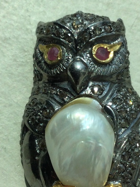Antique Silver Gilt Owl Brooch Set With Seventy N… - image 3