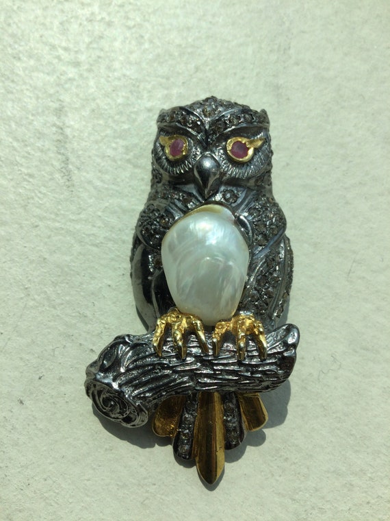 Antique Silver Gilt Owl Brooch Set With Seventy N… - image 2