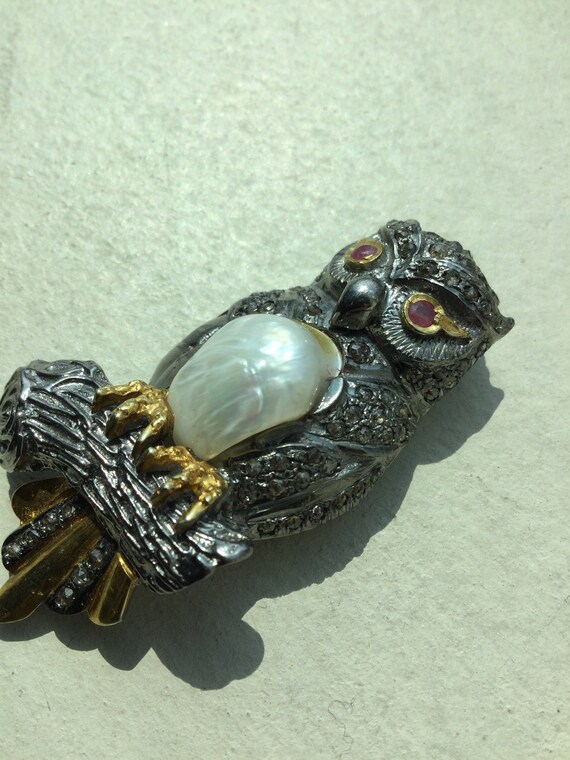 Antique Silver Gilt Owl Brooch Set With Seventy N… - image 5