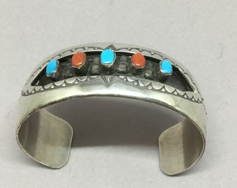 Vintage Sterling Navaho "Shadow Box Bracelet Set With Turquoise & Red Coral Signed "W Long"