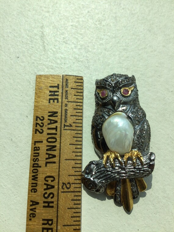Antique Silver Gilt Owl Brooch Set With Seventy N… - image 4