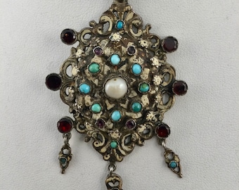 Antique Silver Gilt Austro Hungarian Renaissance Revival Reliquary Pendant Set With Garnets Turquoise and a River Pearl