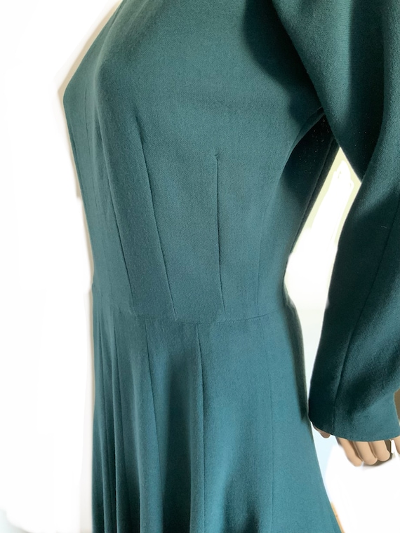 Jean Muir 1970s Peacock Green wool crepe day dress