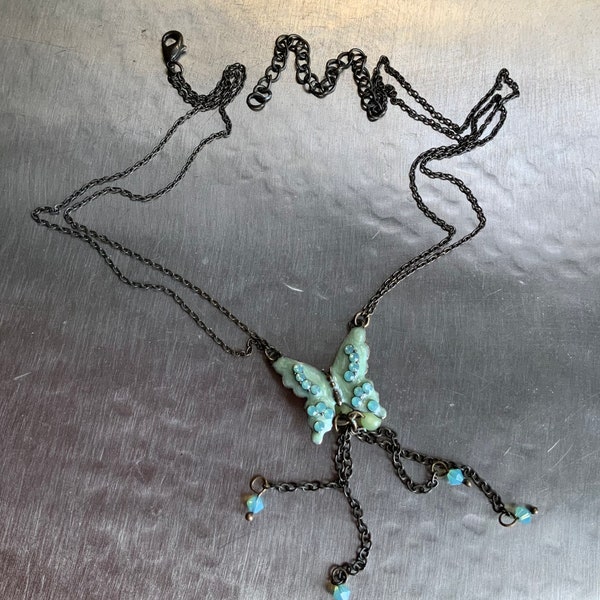 Vintage Silver Enamel Butterfly Pendant Necklace