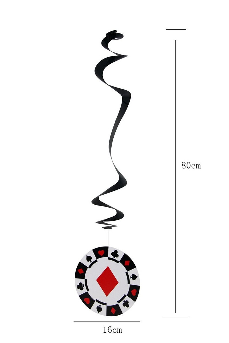 May include: A casino-themed hanging decoration. The decoration features a black spiral streamer attached to a white poker chip with red, black, and white suit symbols. The poker chip is 16 cm in diameter, and the streamer is 80 cm long.