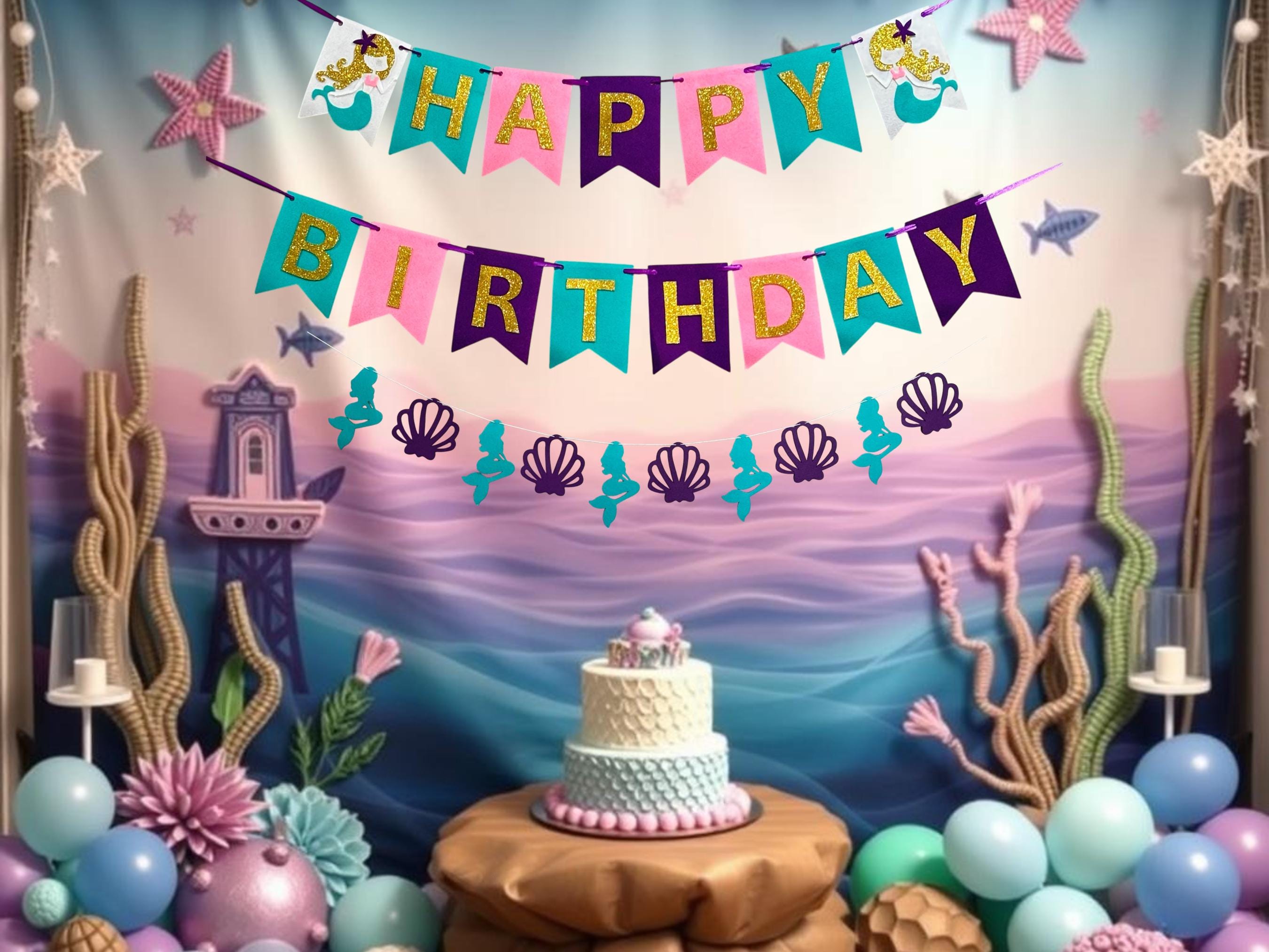 Décorations Anniversaire Sirène - Guirlande Irisée Et Bannière 'Happy Birthday' - Thème Sous La Mer