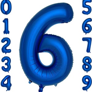 May include: A collection of blue foil number balloons, including the number 6 prominently displayed in the center. Other numbers 0 through 5 and 7 through 9 are also visible. These balloons are suitable for birthday celebrations or other special events.