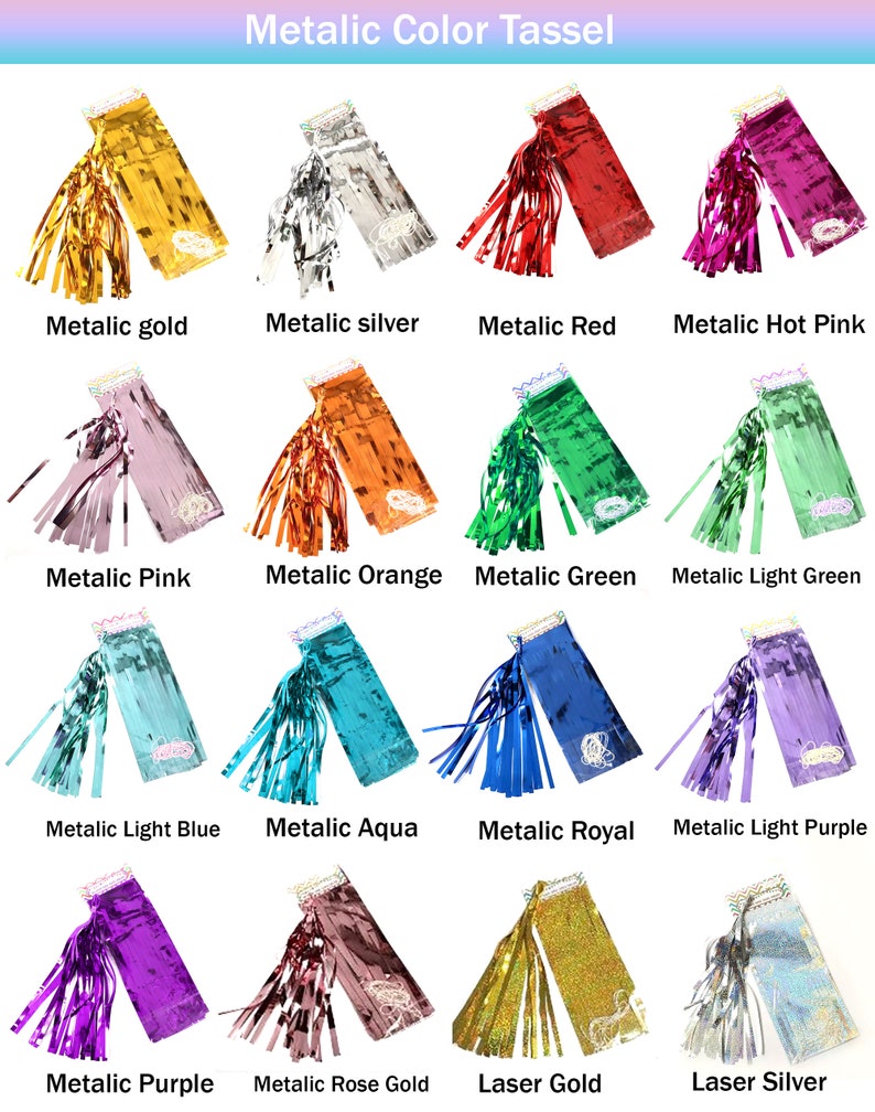 May include: A collection of metallic color tassels in various shades, including gold, silver, red, pink, orange, green, blue, and purple. Each tassel is labeled with its corresponding color name. The text "Metallic Color Tassel" is at the top.