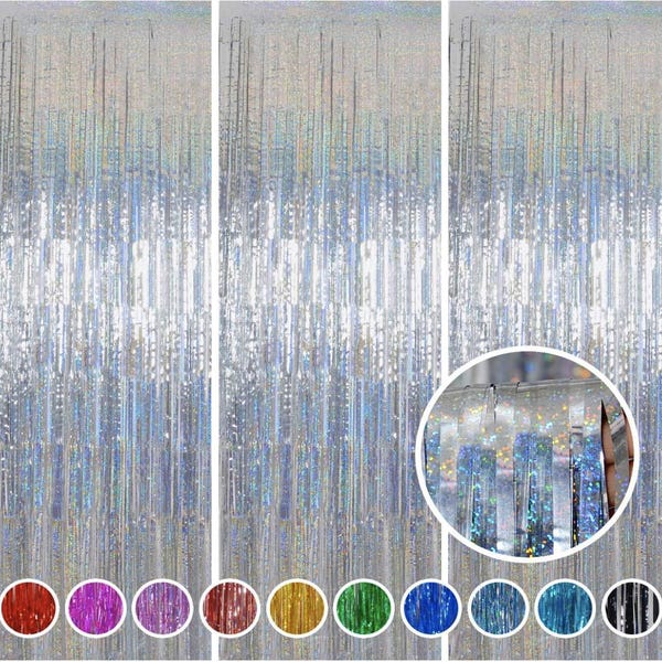 Shimmer Metallic Tinsel Foil Fringe Curtains, Party Backdrop (3 pcs)