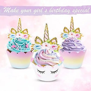 May include: Three unicorn cupcakes with pastel frosting and decorative toppers. The cupcakes have a white base with a unicorn face design and are decorated with flowers and gold glitter horns. The text at the top says "Make your girl's birthday special."