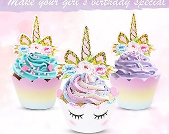Adornos y envoltorios para cupcakes de unicornio - Decoraciones para fiestas arcoíris