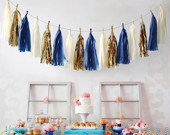 Navy, White, Gold Tissue Paper Tassel Garland, Party Decoration