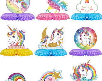 Unicorn Party Table Centerpieces, Rainbow Decorations, Set of 9