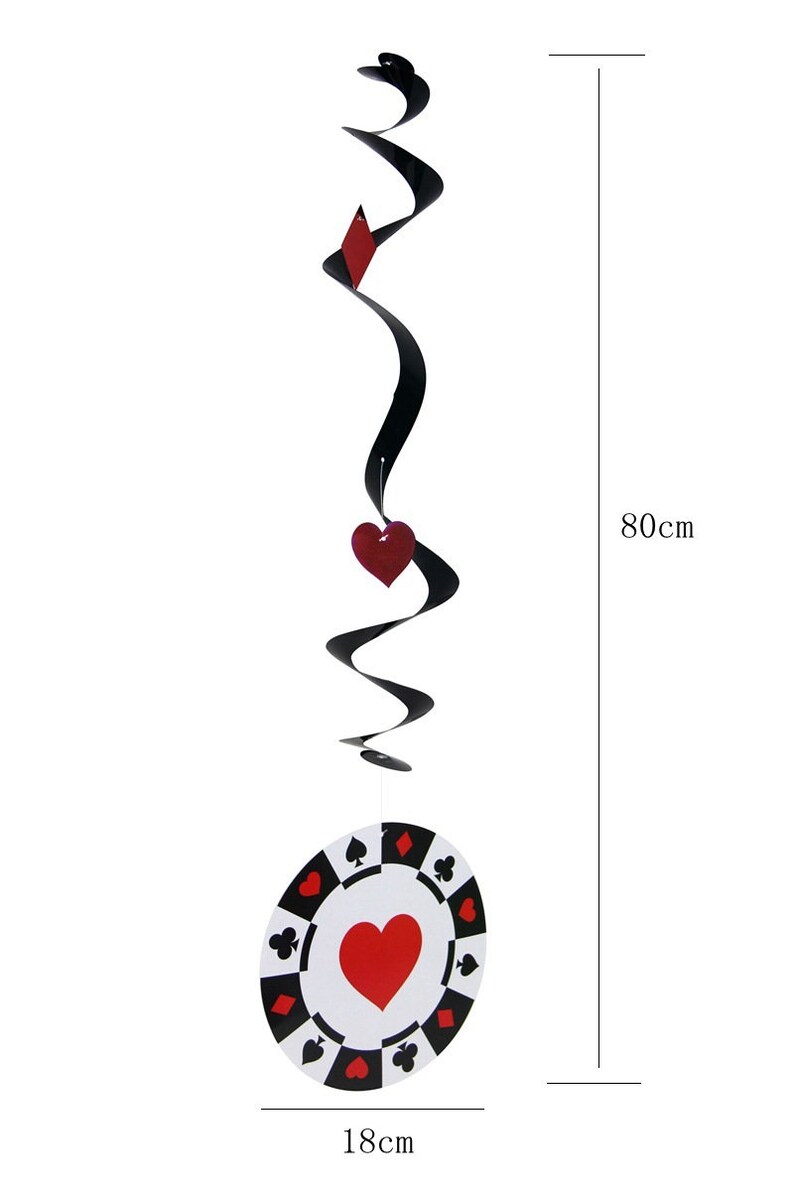 May include: A black and red poker-themed hanging decoration. The decoration is 80cm long and features a swirling black ribbon with red card suit symbols and a poker chip with a red heart in the center, measuring 18cm in diameter.