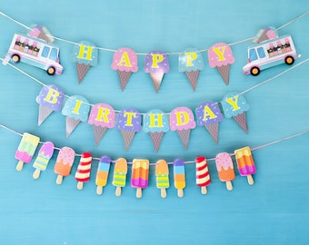 May include: A festive birthday banner with ice cream cone and popsicle decorations. The banner spells out "HAPPY BIRTHDAY" in yellow letters. Two ice cream trucks are on either side of the banner. The background is a solid light blue.