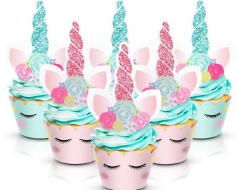 UNICORN CUPCAKE Toppers and Wrappers | Unicorn Party Favors | Unicorn Birthday Party | Unicorn Cake Topper, Unicorn Cupcake Picks