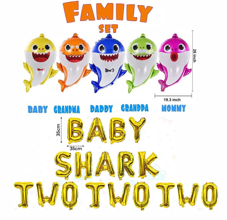 Baby Shark Two Two Two balloon Baby Shark banner, Two year old balloon, Second birthday party, Baby Shark Party Decoration Gold Letter+5 Sharks