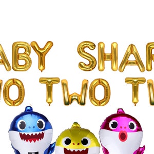 Baby Shark Two Two Two balloon Baby Shark banner, Two year old balloon, Second birthday party, Baby Shark Party Decoration Gold Letters+3 Shark