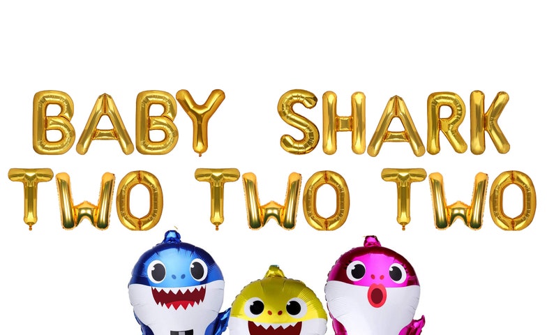 Baby Shark Two Two Two balloon Baby Shark banner, Two year old balloon, Second birthday party, Baby Shark Party Decoration Gold Letters+3 Shark