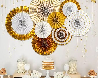 Gold Paper Fans Baby Shower Decor Shower Rosettes Rosette Decorations Bridal Shower Decor White and Gold Shower Rosette Decorations