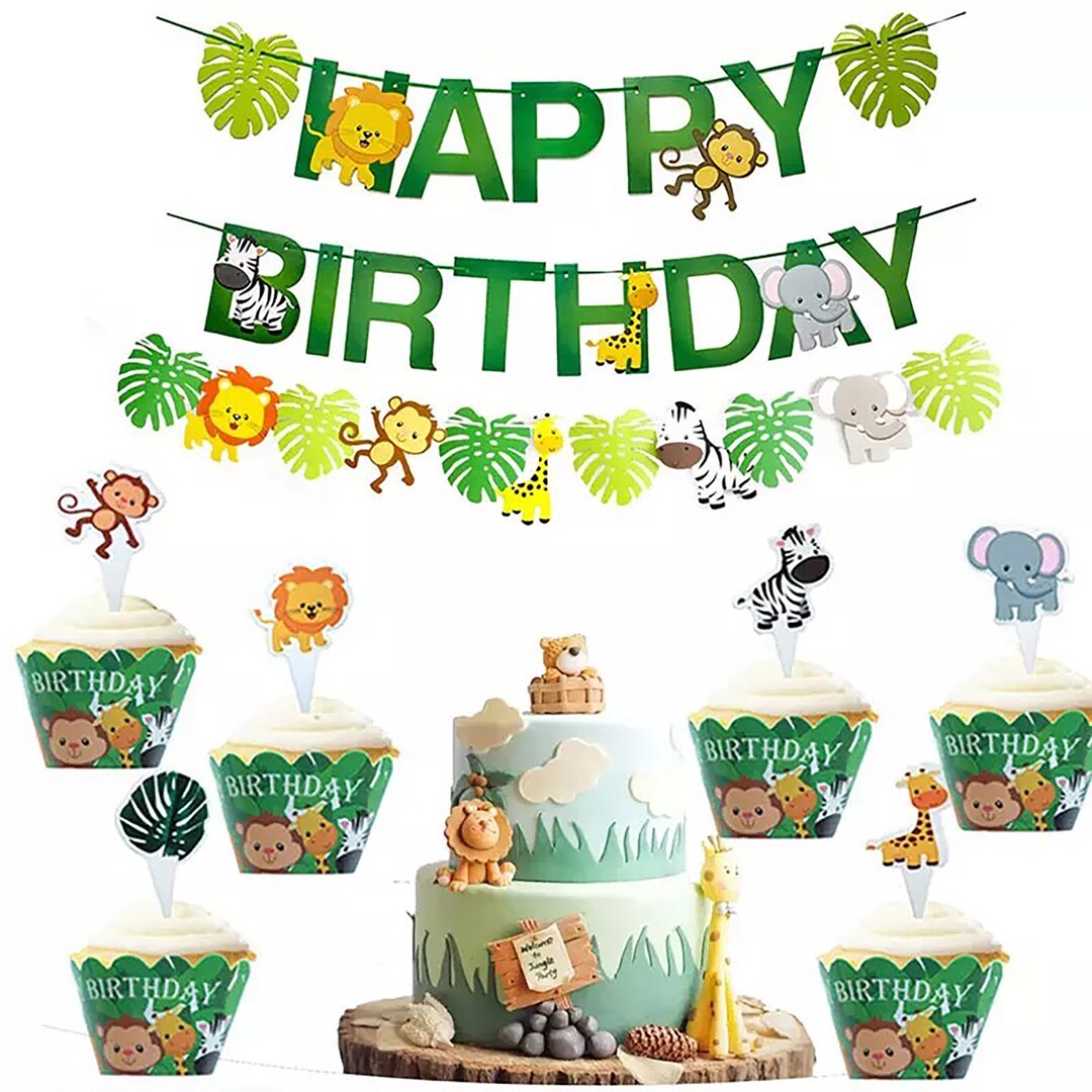 Safari Jungle Birthday Party Banner, Cupcake Toppers, Animal Swirls - Etsy