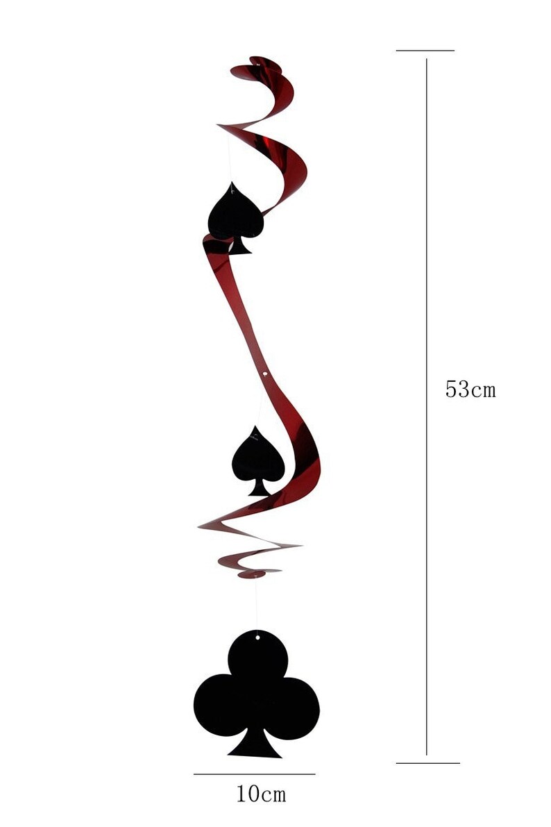 May include: A decorative hanging swirl with a red and black design, featuring black spade and club suit symbols. The swirl is approximately 53cm long and the club symbol is 10cm wide.