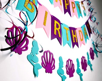 Mermaid Birthday Banner - Under The Sea Party, Mermaid Party Decoration, Mermaid Themed Party, Purple Happy Birthday Banner