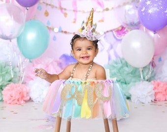 Rainbow High Chair Banner, First Birthday, Pastel Tutu Skirt