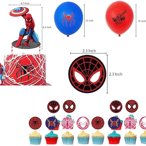 Puede incluir: Un conjunto de fiesta tem&aacute;tico de Spider-Man con un adorno para tarta, globos, adornos para cupcakes y cupcakes. El adorno para tarta mide 16 cm de alto y 12 cm de ancho. Los globos tienen un di&aacute;metro de 30 cm. Los adornos para cupcakes tienen un di&aacute;metro de 6 cm.