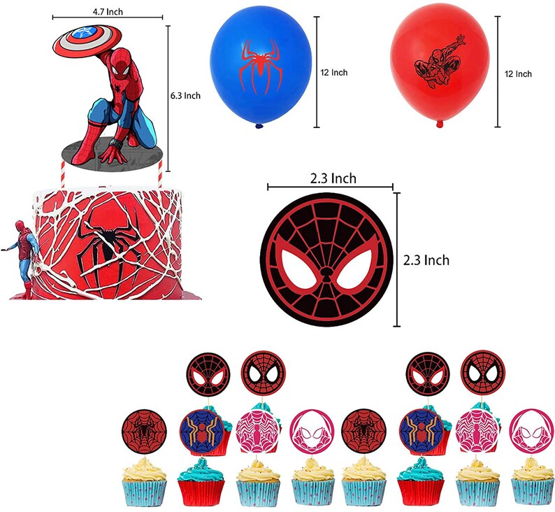 Puede incluir: Un conjunto de fiesta tem&aacute;tico de Spider-Man con un adorno para tarta, globos, adornos para cupcakes y cupcakes. El adorno para tarta mide 16 cm de alto y 12 cm de ancho. Los globos tienen un di&aacute;metro de 30 cm. Los adornos para cupcakes tienen un di&aacute;metro de 6 cm.