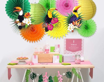 Décorations Suspendues Thème Tropical - 3 Perroquets + 6 éventails + 1 Bannière Feuilles - Pour Fête Hawaïenne Ou Luau - 9