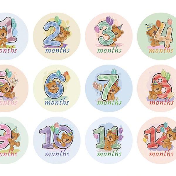 Baby Monthly Stickers - 12 Months Sticker Baby Milestone, Baby Boy Milestone Stickers, Baby Growth Sticker, Cute Bear 12 month Baby Sticker