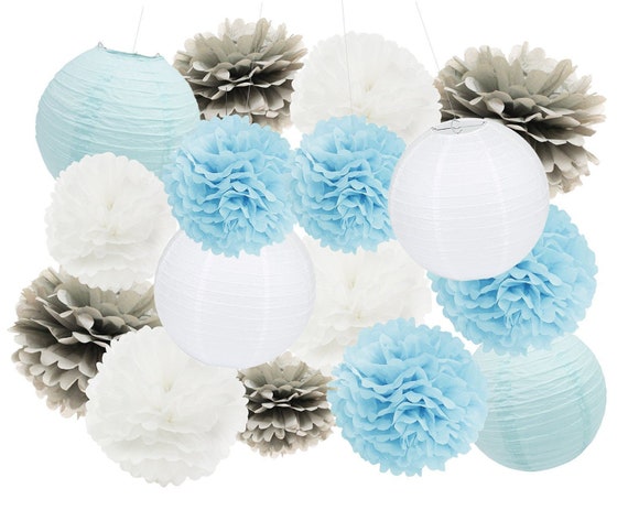 Baby Blue White Party Pom Poms Paper Lantern Set Boys Baby Etsy