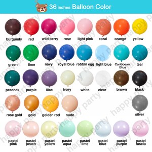 May include: A color chart of 36-inch balloons in various colors, including burgundy, red, and yellow. The chart displays a wide range of hues, from pastel pink to teal, with each balloon labeled with its color name.