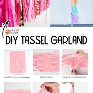 May include: DIY tassel garland kit with instructions. The image shows a variety of pink and gold tassels, along with step-by-step instructions on how to make a tassel garland. The text on the image says "DIY Tassel Garland".