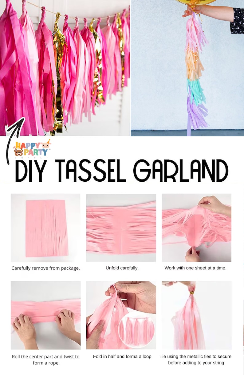 May include: DIY tassel garland kit with instructions. The image shows a variety of pink and gold tassels, along with step-by-step instructions on how to make a tassel garland. The text on the image says "DIY Tassel Garland".
