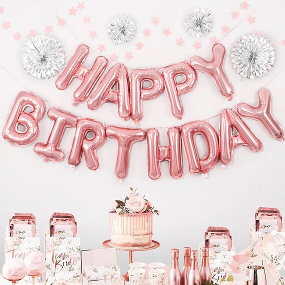 Rose Gold Birthday Party Decoration, Happy Birthday Banner, Rose