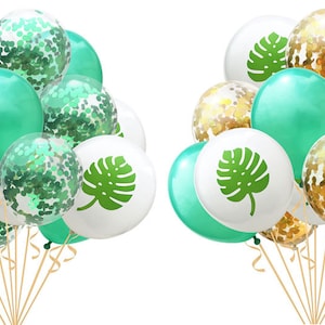 May include: Two balloon bouquets. One features green, white, and confetti-filled balloons. The white balloons have a green leaf design. The other bouquet has gold confetti-filled balloons.